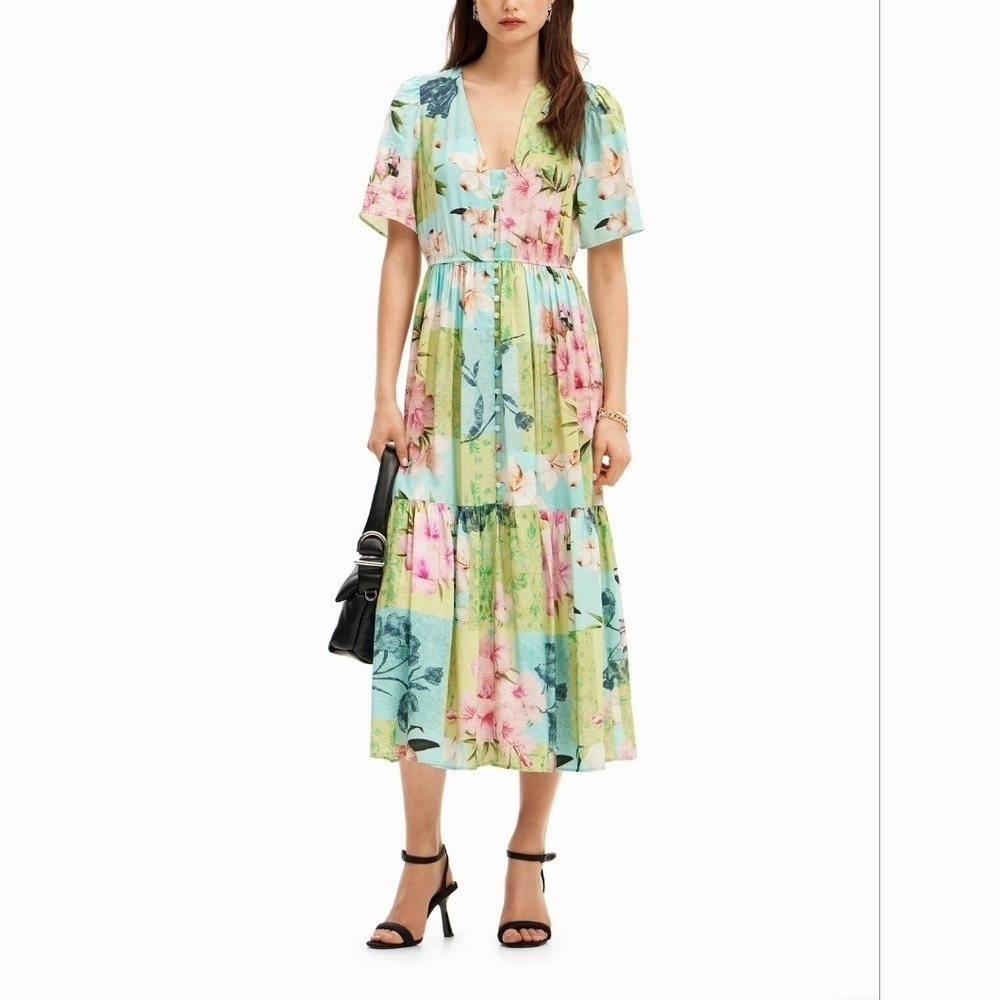 Desigual Nwot Cherry blossom midi Button Up dress Multi Floral Print Size XS